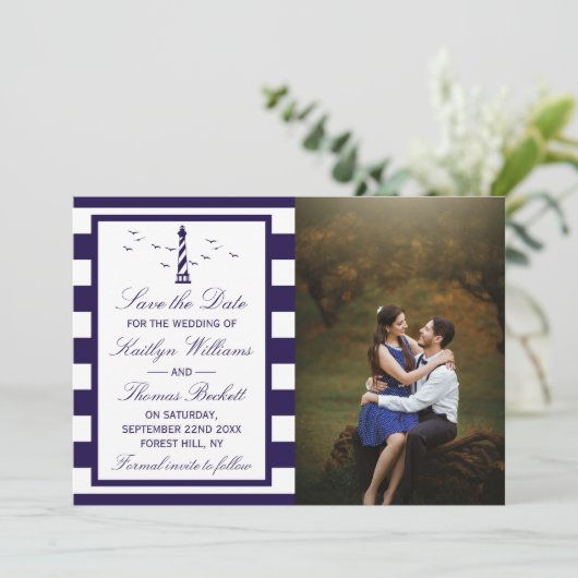 Nautical Lighthouse Wedding Foto Save the Date (Stehend Vorderseite)