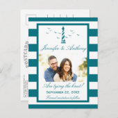 Nautical Lighthouse Wedding Foto Save the Date Ankündigungspostkarte (Vorne/Hinten)