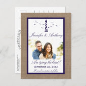 Nautical Lighthouse Wedding Foto Save the Date Ankündigungspostkarte (Vorne/Hinten)