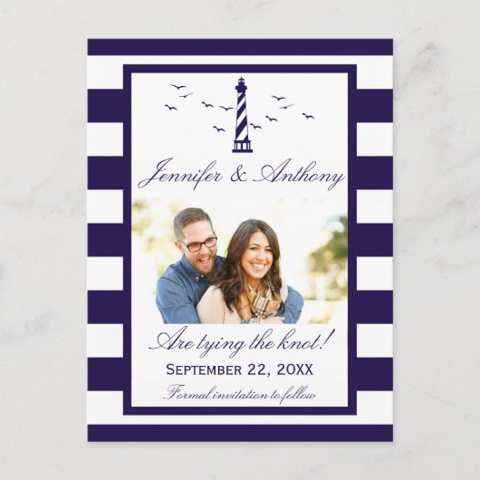 Nautical Lighthouse Wedding Foto Save the Date Ankündigungspostkarte (Vorderseite)