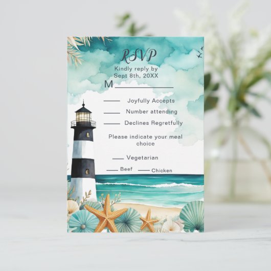 Nautical Lighthouse Wedding RSVP (Stehend Vorderseite)