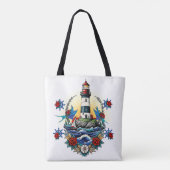 Nautical Lighthouse White Floral Red Blue Tasche (Rückseite)