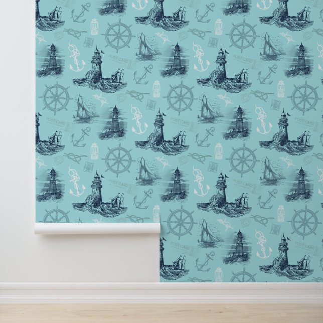 Nautical Lighthouses Aqua Blue Tapete (Anwendung)