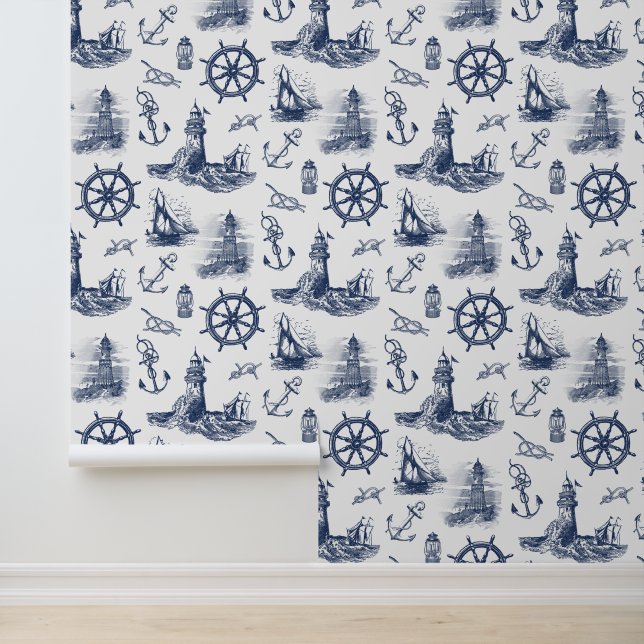 Nautical Lighthouses Navy Blue White Tapete (Anwendung)