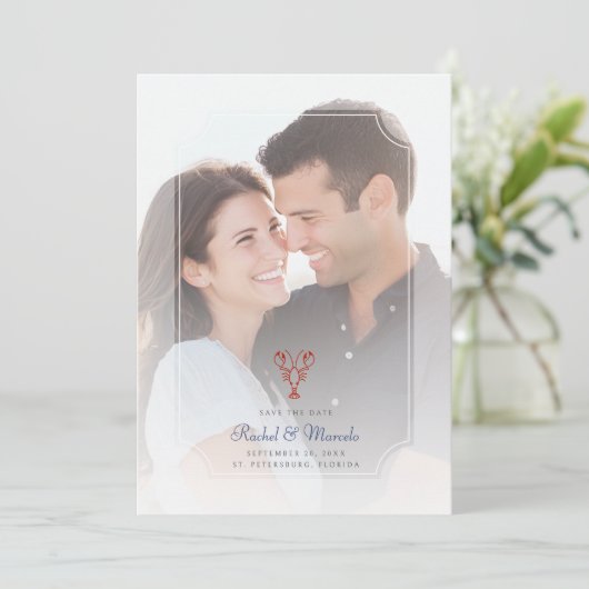 Nautical Lobster Foto Hochzeit Sichern Sie das Dat Save The Date (Stehend Vorderseite)