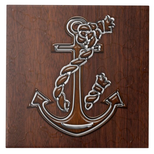Nautical Mahogany Anchor Steel Decor Fliese (Vorderseite)