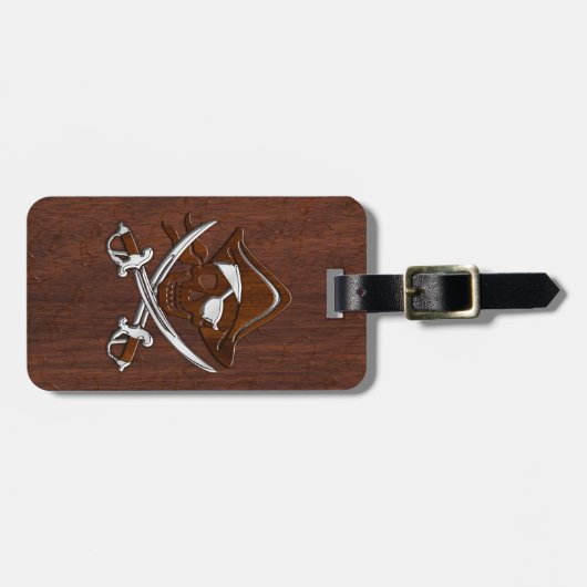 Nautical Mahogany Pirate Skull Steel Gepäckanhänger (Vorderseite horizontal)