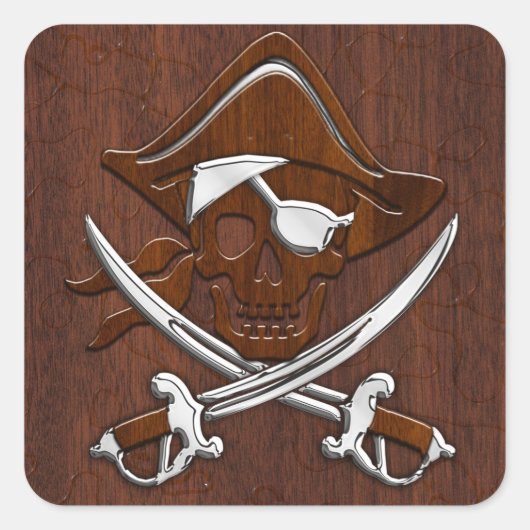 Nautical Mahogany Pirate Skull Steel Quadratischer Aufkleber (Vorderseite)
