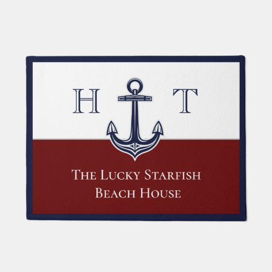 Nautical Maroon Red Anchor Coastal Mit Monogramm Fußmatte (Vorderseite)