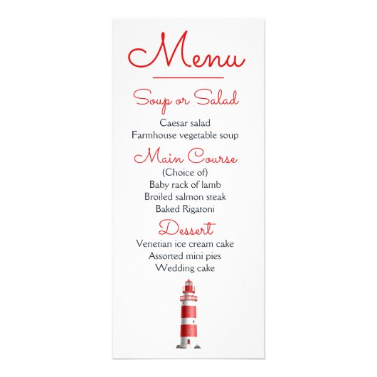 Nautical Menu Beach Wedding Lighthouse Red Werbekarte (Vorne)