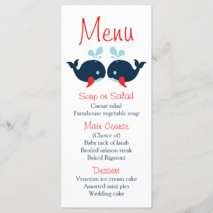 Nautical Menu Navy Blue Red Whales Beach Hochzeit Menükarte