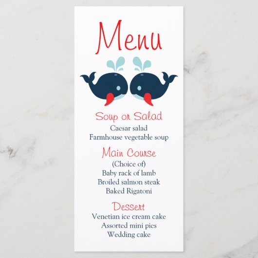 Nautical Menu Navy Blue Red Whales Beach Hochzeit Menükarte (Vorderseite)