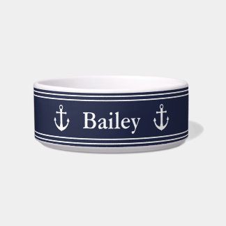 Nautical Midnight Blue mit Name und weißen Ankern Napf