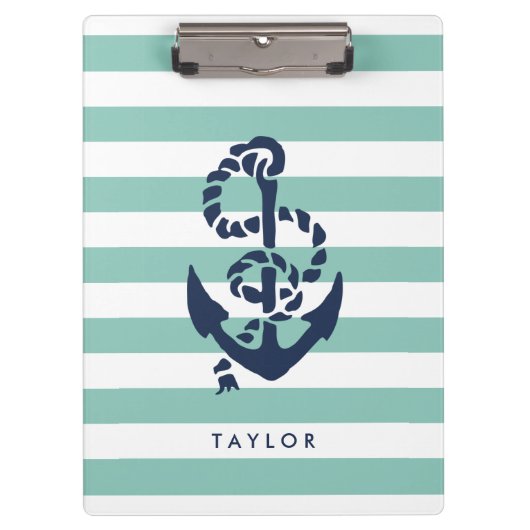 Nautical Mint Stripe & Navy Anchor Personalized Klemmbrett (Vorderseite)