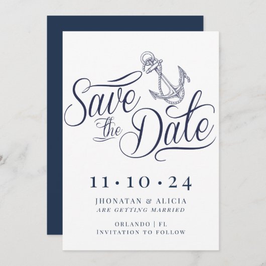 Nautical Modern White and Blue Save the Date Einladung (Vorne/Hinten)