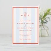 Nautical Monogram Red Blue Lobster Coastal Wedding Einladung (Stehend Vorderseite)
