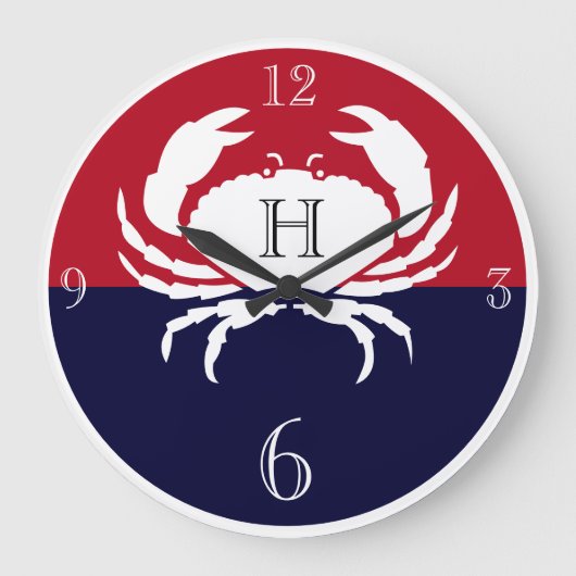 Nautical monogram red navy white crab large clock große wanduhr (Vorderseite)
