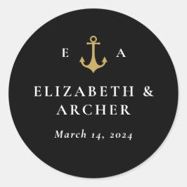 Nautical Monogram Wedding Black Runder Aufkleber