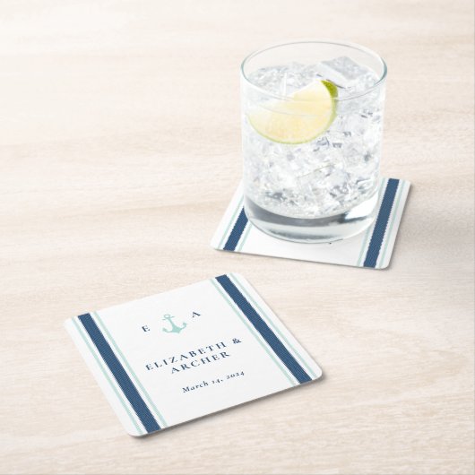 Nautical Monogram Wedding Cocktail Rechteckiger Pappuntersetzer (Vor Ort)