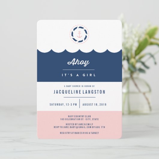 Nautical Navy Ahoy Es ist ein Mädchen-Baby-Dusche Einladung (Stehend Vorderseite)
