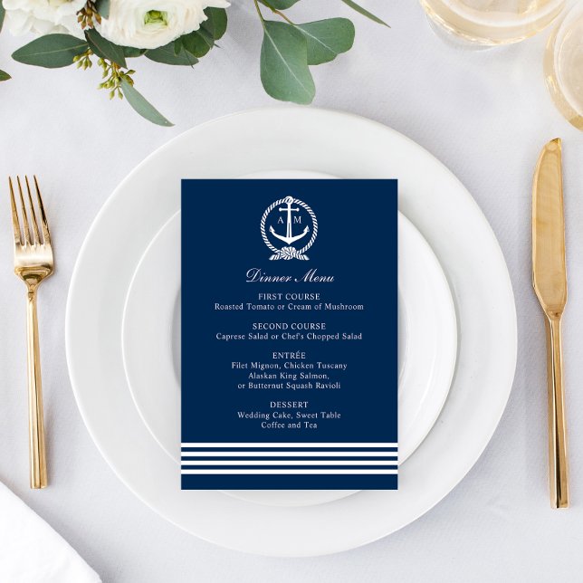 Nautical Navy Anchor Wedding Monogram Dinner Menükarte