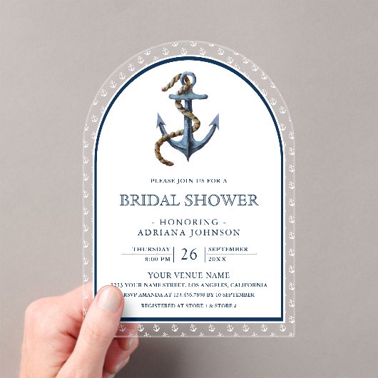 Nautical Navy Blue Anchor Arch Bridal Shower Acryleinladungen (Insitu (Handheld))