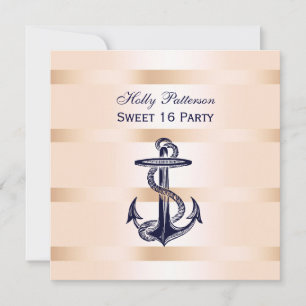 Nautical Navy Blue Anchor Baby Pink BG SQ Sweet 16 Einladung