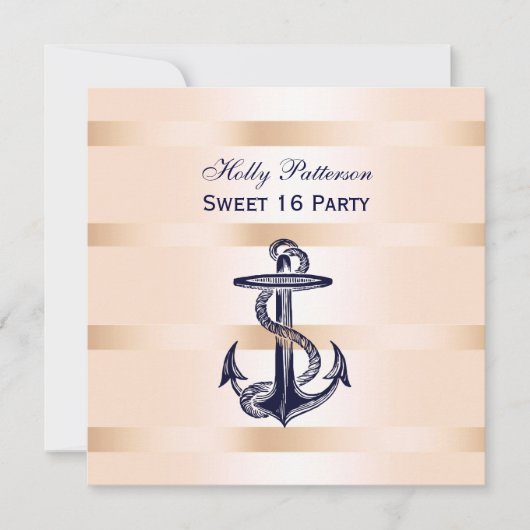 Nautical Navy Blue Anchor Baby Pink BG SQ Sweet 16 Einladung (Vorderseite)