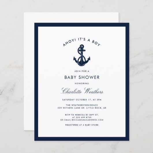 Nautical Navy Blue Anchor Baby Shower Einladung (Vorne/Hinten)