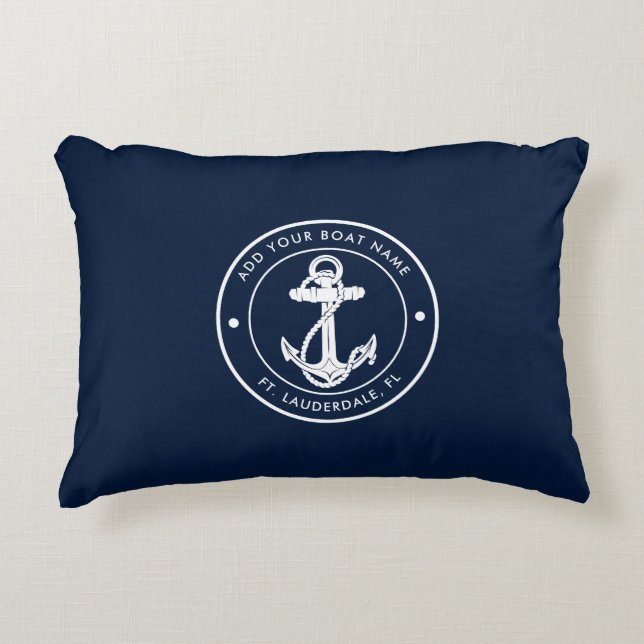 Nautical Navy Blue Anchor Boat Name Custom Dekokissen (Vorderseite)
