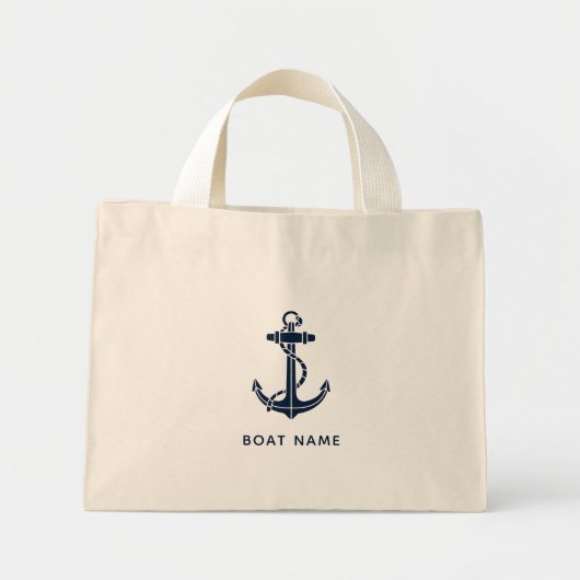 Nautical Navy Blue Anchor Boat Name Custom Mini Stoffbeutel (Vorne)