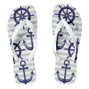 Nautical Navy Blue Anchor Boat Wheel Gray Stripe Badesandalen