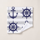 Nautical Navy Blue Anchor Boat Wheel Gray Stripe Badhandtuch Set (Waschlappen)
