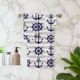 Nautical Navy Blue Anchor Boat Wheel Gray Stripe Badhandtuch Set