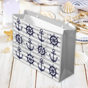 Nautical Navy Blue Anchor Boat Wheel Gray Stripe Große Geschenktüte