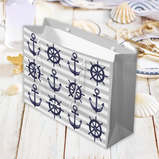 Nautical Navy Blue Anchor Boat Wheel Gray Stripe Große Geschenktüte