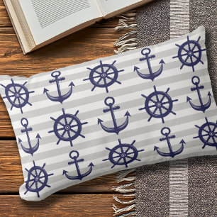 Nautical Navy Blue Anchor Boat Wheel Gray Stripe Kissen Für Draußen