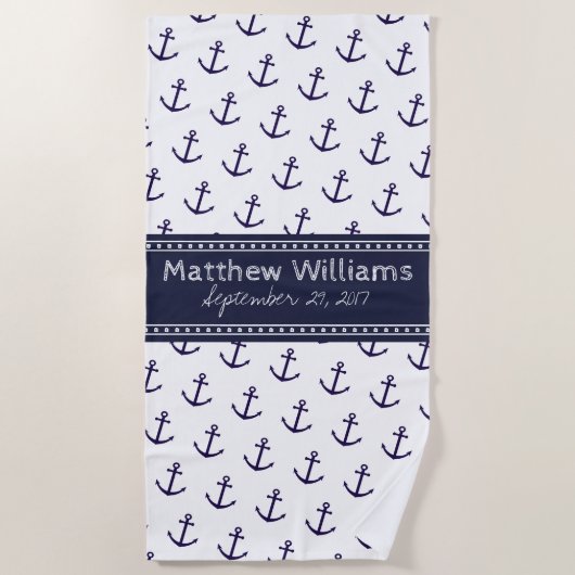 Nautical Navy Blue Anchor Custom Beach Handtuch (Vorderseite)