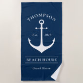 Nautical Navy Blue Anchor Custom Vacacation Zuhaus Strandtuch (Vorderseite)