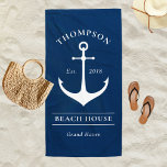 Nautical Navy Blue Anchor Custom Vacacation Zuhaus Strandtuch<br><div class="desc">Das Nautical Beach / Pool Handtuch weist einen Küstenstyle mit einem eleganten Bootanker und individuellem Text auf,  der mit einem Familiennamen   Strandhaus (oder anderen Titel) mit dem Jahr etabliert und Lage personalisiert werden kann. Das Design umfasst ein klassisches marineblau-weißes Farbschema.</div>