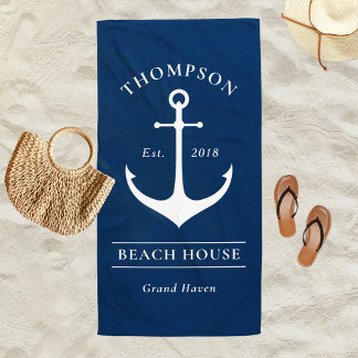 Nautical Navy Blue Anchor Custom Vacacation Zuhaus Strandtuch