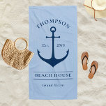 Nautical Navy Blue Anchor Custom Vacacation Zuhaus Strandtuch<br><div class="desc">Das Nautical Beach / Pool Handtuch weist einen Küstenstyle mit einem eleganten Bootanker und individuellem Text auf,  der mit einem Familiennamen   Strandhaus (oder anderen Titel) mit dem Jahr etabliert und Lage personalisiert werden kann. Das Design umfasst ein marineblau-blaues und staubblaues Farbschema.</div>