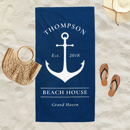 Nautical Navy Blue Anchor Custom Vacacation Zuhaus Strandtuch