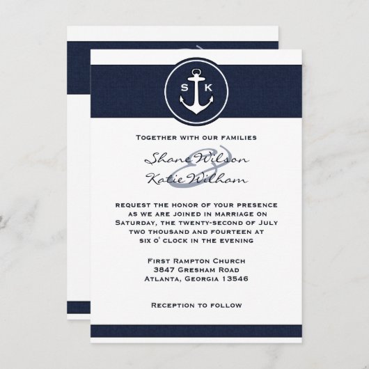 Nautical Navy Blue Anchor Hochzeit Einladung (Vorne/Hinten)