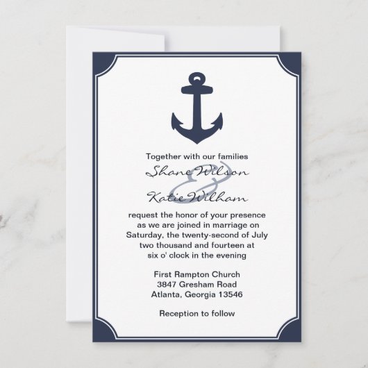 Nautical Navy Blue Anchor Hochzeit Einladung (Vorderseite)