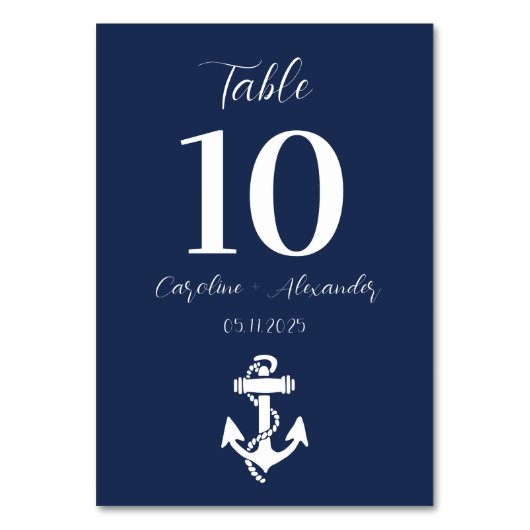 Nautical Navy Blue Anchor Moderne Elegante Hochzei Tischnummer (Vorderseite)