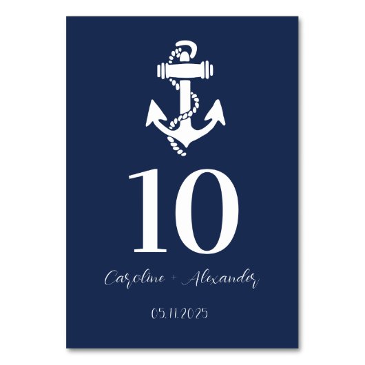 Nautical Navy Blue Anchor Moderne Elegante Hochzei Tischnummer (Vorderseite)