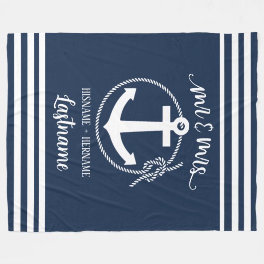 Nautical Navy Blue Anchor Mr. and Mrs. Fleecedecke (Vorderseite (Horizontal))