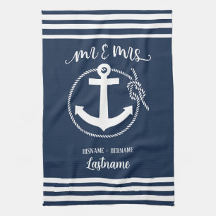 Nautical Navy Blue Anchor Mr. and Mrs. Geschirrtuch