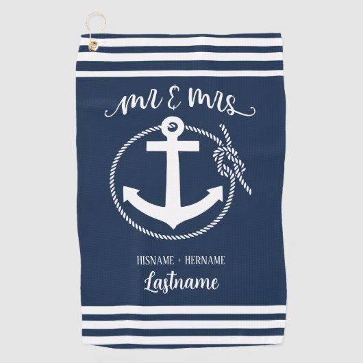 Nautical Navy Blue Anchor Mr. and Mrs. Golfhandtuch (Vorderseite)